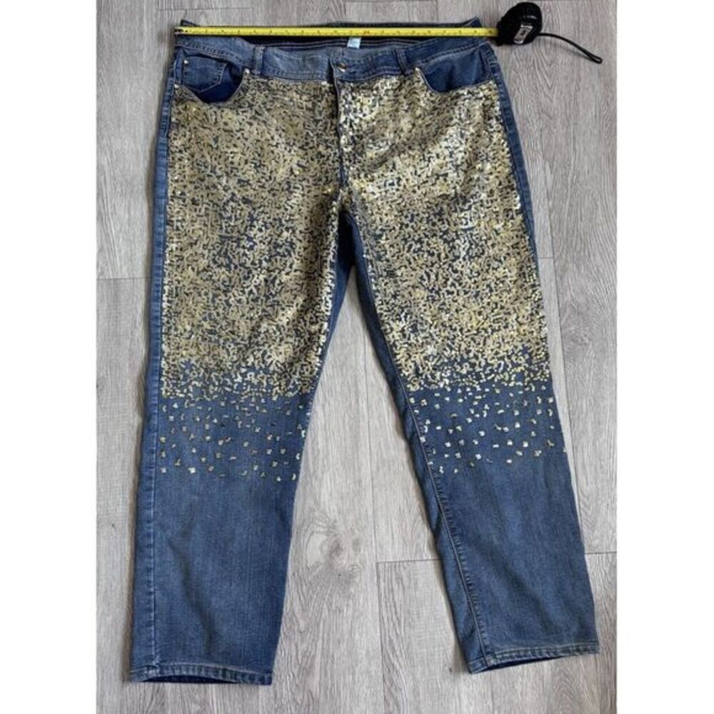 Chico's Platinum Jeans Size 35 Short Denim Stretch‎ GOLD sequins